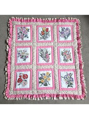 Handmade Hand Cross Stitched Embroidered Pink Floral Quilted Wall Hanging READ